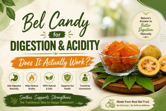 Trupta Foods Bel Candy for digestion — belphal wood apple candy on banana leaf