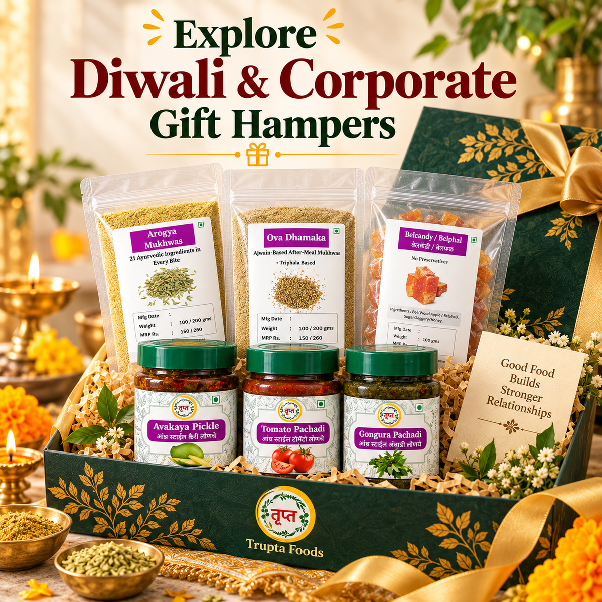 Festive Diwali gift hamper with diya and marigolds