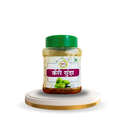 Trupta Foods Kairi Chunda — sweet spicy raw mango preserve in glass jar on wooden surface